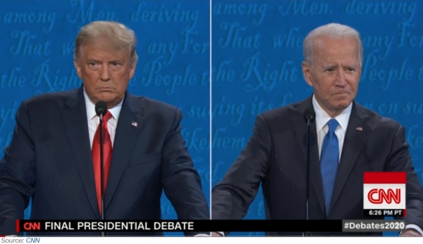 도널드 트럼프 미국 대통령과 조 바이든 민주당 대선후보의 마지막 TV토론 장면. / 사진 = CNN 영상 캡처.