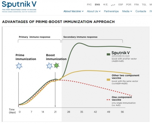 2차 면역 반응에서 스푸트니크 V 백신과 타 백신의 효능 차이를 보여주는 임상시험 결과 그래프. / 사진=스푸트니크 V 홈페이지 캡쳐 화면
