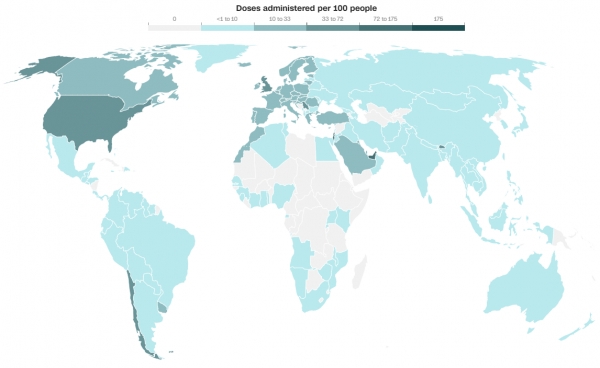 국가별 백신 접종률. 자료: Our World in Data, 3월 31일(미 동부시각)